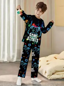 Neon game controller printed 2-piece boys' pajama set, featuring digital printed long-sleeve top and full-length pajama pants made of flame-retardant fabric. This stylish, trendy, casual, cozy and soft loungewear set is perfect for sleeping and relaxing a