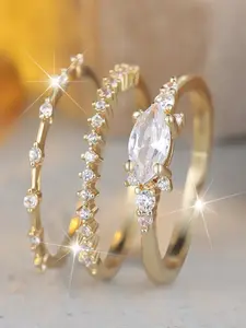 Three-Piece Stackable Finger Rings Set, Champagne Golden Plated Marquise Zircon, Elegant Lightweight Luxury Fashion Jewelry