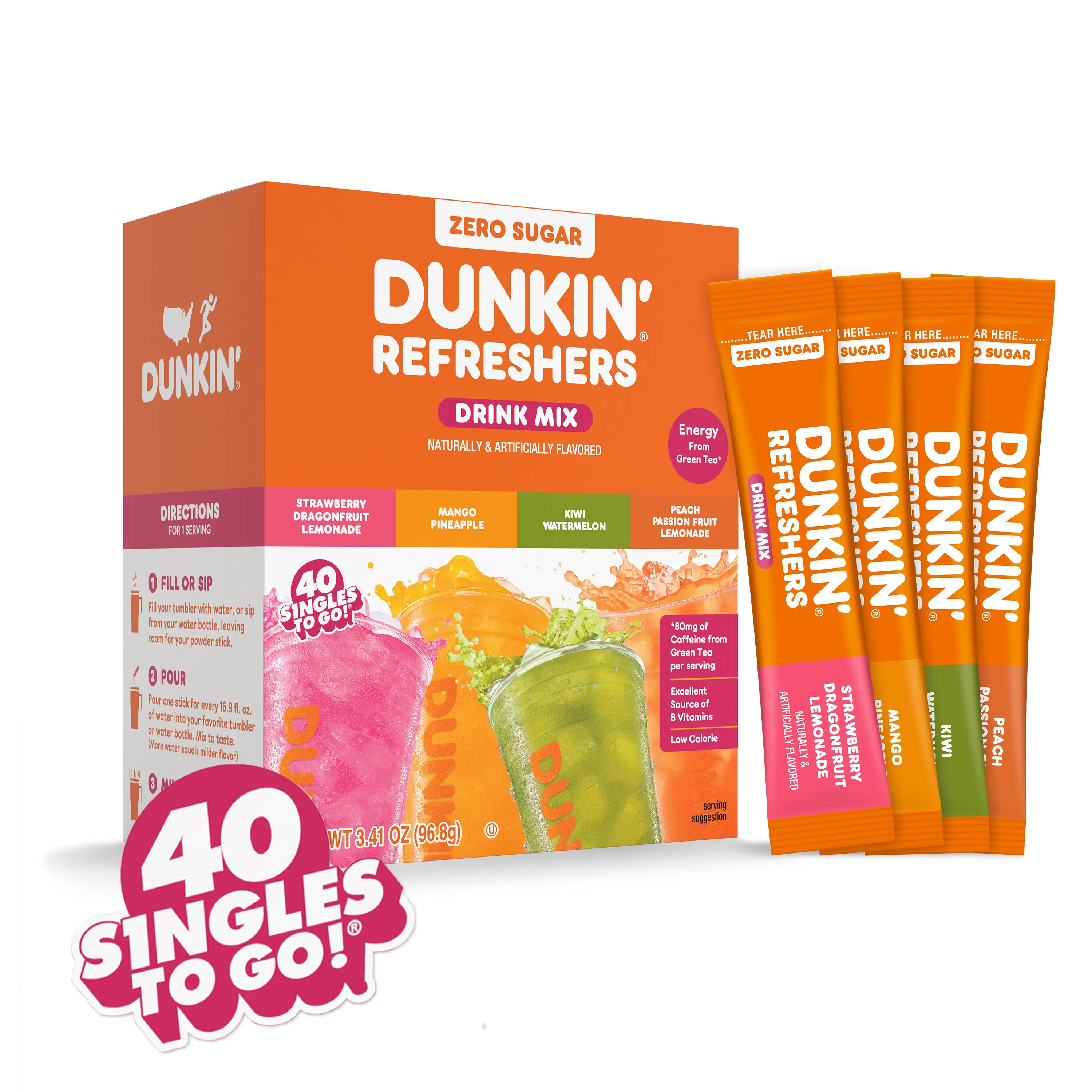 Dunkin' Refreshers 40ct Sugar-Free Singles To Go! Drink Mix Packets - No artificial dyes, Aspartame-Free, Energy From Green Tea Dunkin' Refreshers 40ct Sugar-Free Singles To Go! Drink Mix Packets - No artificial dyes, Aspartame-Free, Energy From Green Tea