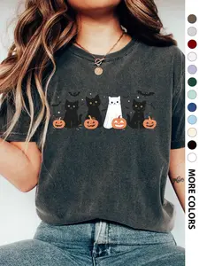 Women's Halloween Themed Cartoon Cat & Pumpkin Print Round Neck Tee, Cute Casual Drop Shoulder Short Sleeve T-shirt for Daily Wear, Ladies Clothes for All Seasons