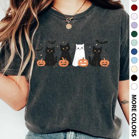 Women's Halloween Themed Cartoon Cat, Bat & Pumpkin Print Round Neck Tee, Cute Casual Fashion Fitted Drop Shoulder Short Sleeve T-shirt for Daily Wear, Ladies Clothes for All Seasons