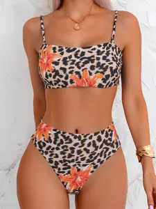 Women's Leopard Print Flower Bikini Set, Fashionable and Sexy, Beach Vacation Essential, Summer Swimwear, Casual Swimsuit, Floral Print Bikini, Beach Ready, Leopard Pattern, Leopard Print Bikinis