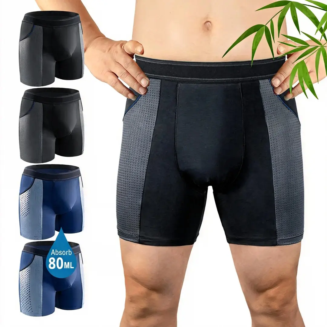 CARER Men's Protective Incontinence Boxer Briefs - 4-Pack, FDA-Certified, Washable Reusable, 80ml Absorbent Capacity, 95% Rayon 5% Spandex Blend, Leak-Proof, Breathable, Anti-Odour, Comfortable Pouch, Looks Like Everyday Briefs, Ideal for Driving, High-Ca