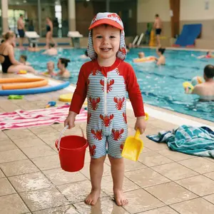 2Pcs Toddler Baby Boys Swimsuit Set Crew Neck Long Sleeve Lobster Print Upper Zipper Rash Guard Swimwear and Sun Hat