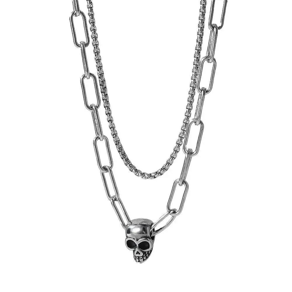 Hermah Silver Skull Skeleton Head Charm Choker Necklace Layered Stainless Steel Box Paperclip Chain Toggle Clasp for Men Women Christmas Gift