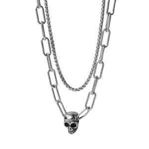 Hermah Silver Skull Skeleton Head Charm Choker Necklace Layered Stainless Steel Box Paperclip Chain Toggle Clasp for Men Women Christmas Gift