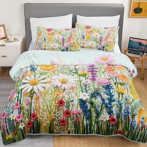 2/3pcs Heart-Shaped Floral Watercolor Coverlet Set 1pc Quilted Quilt + 1/2pcs Pillowcase   Lightweight & Machine Washable, Ideal for Master Bedrooms Or Guest Rooms, All-Season Comfort | Vibrant Floral Design |   Texture, Quilted bedspread cover summer Ext