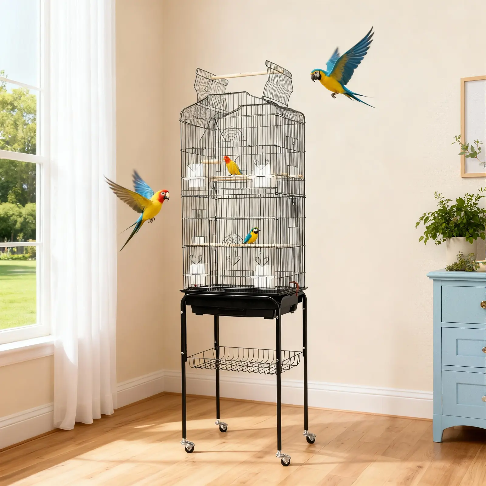 64" Wrought Iron Bird Cage, Parakeet Cage - Secure Flight Enclosure for Parrots, Cockatiels - Open Play Top, 360° Rolling Detachable Stand, Mesh Shelf Storage, Easy-Clean Tray
