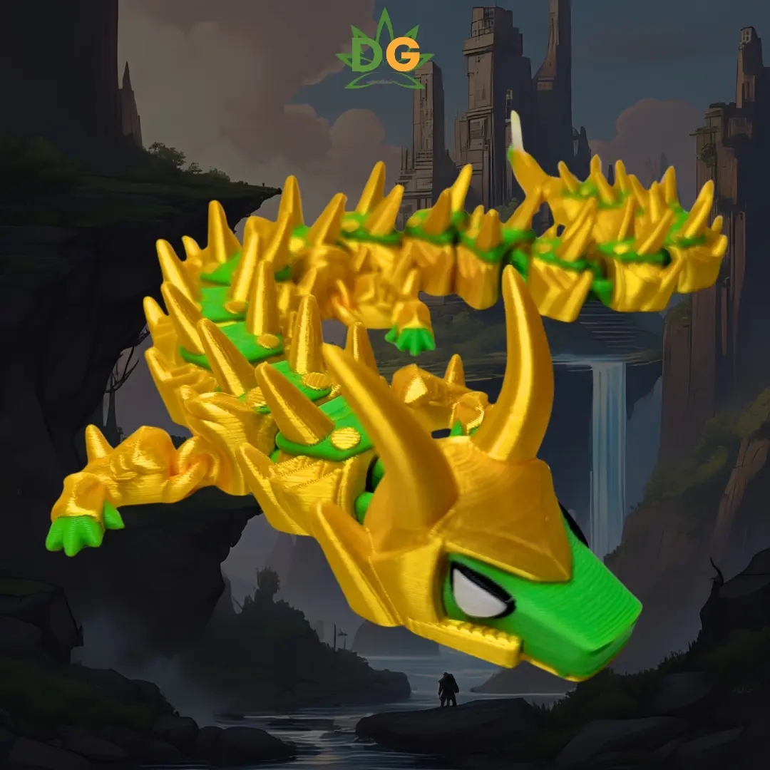 Golden Armored Dragon Articulated Flexi Figurine - Fantasy Art Statue, Mythical Beast Home Decor Ornament, Green God Dragon Collectible