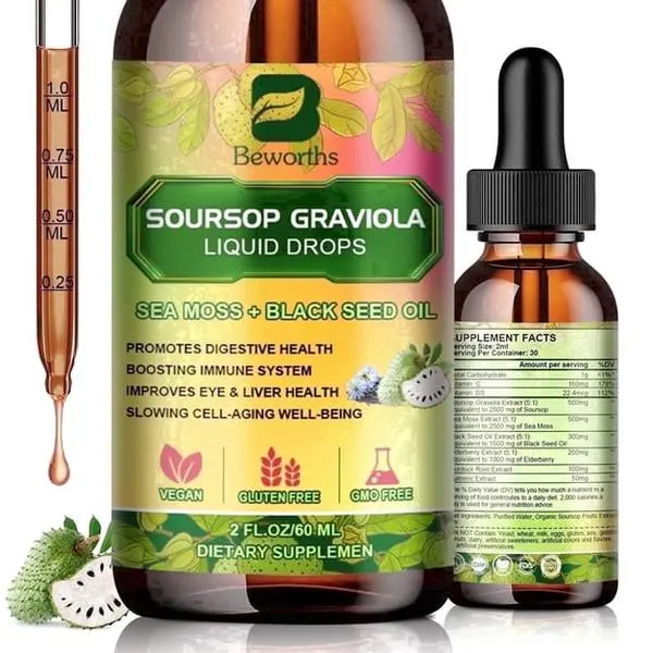 Soursop Bitter Liquid Drops,With Balckseed oil, Elderberry，Sea Moss,Soursop Graviola Guanabana Drop 2 Fl Oz