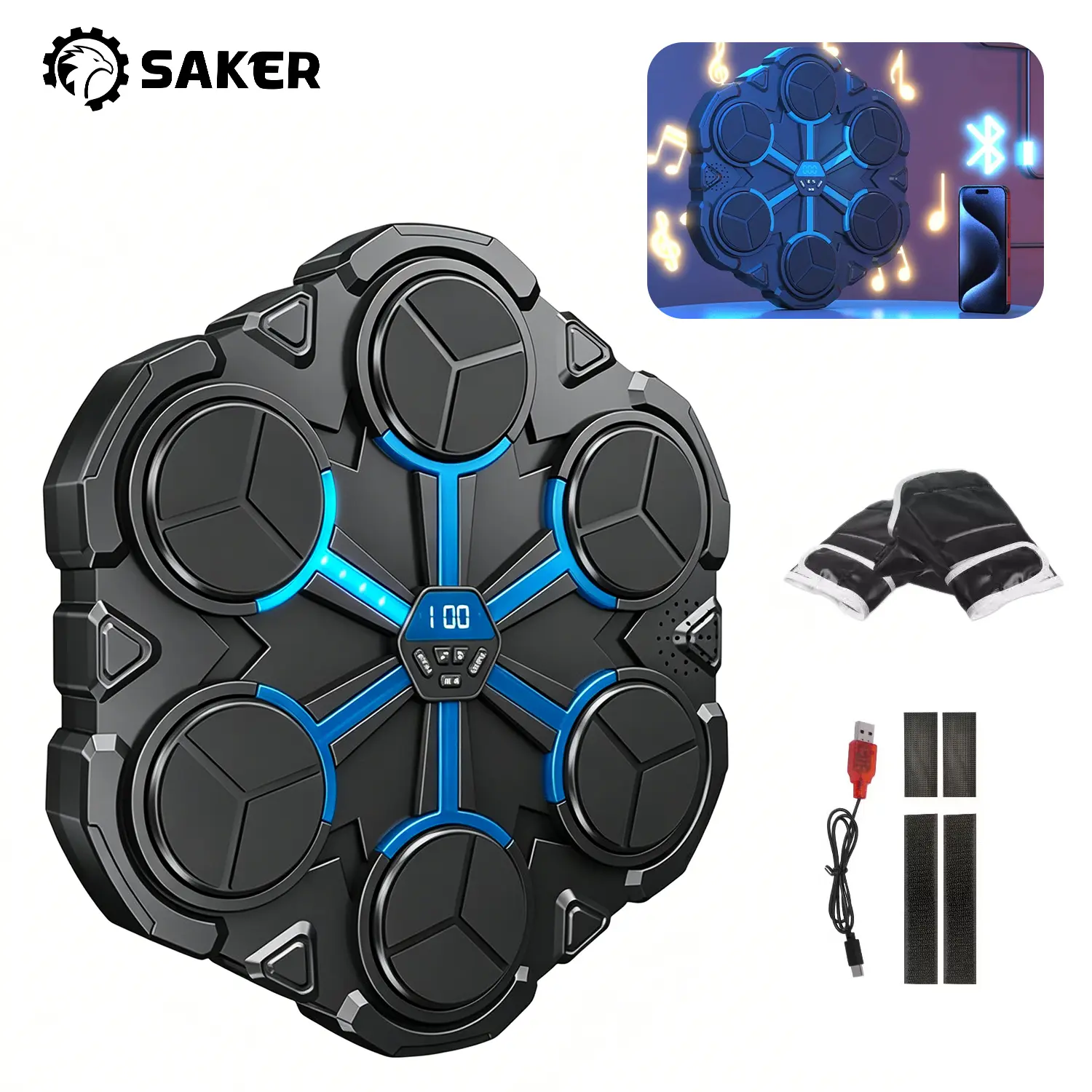 Saker Smart Music Boxing Machine, 2026 Upgraded Wall-Mounted Punching Target with Bluetooth & LED Rhythm Lights, 3 Interactive Pro Modes, Electronic Boxing Trainer for Kids & Adults, Stress Relief Home Fitness