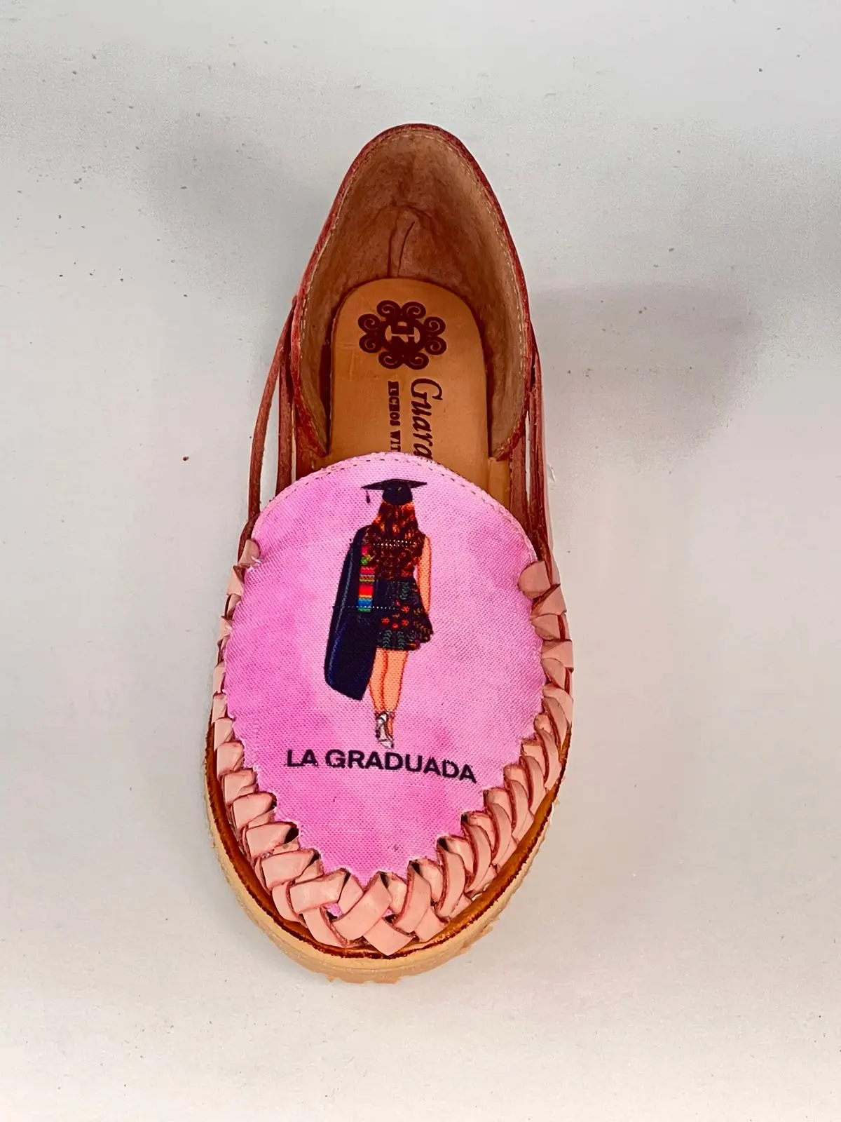 Graduation Huaraches Rose Leather Footwear with Pink Top and "LA GRADUADA" Design for Women