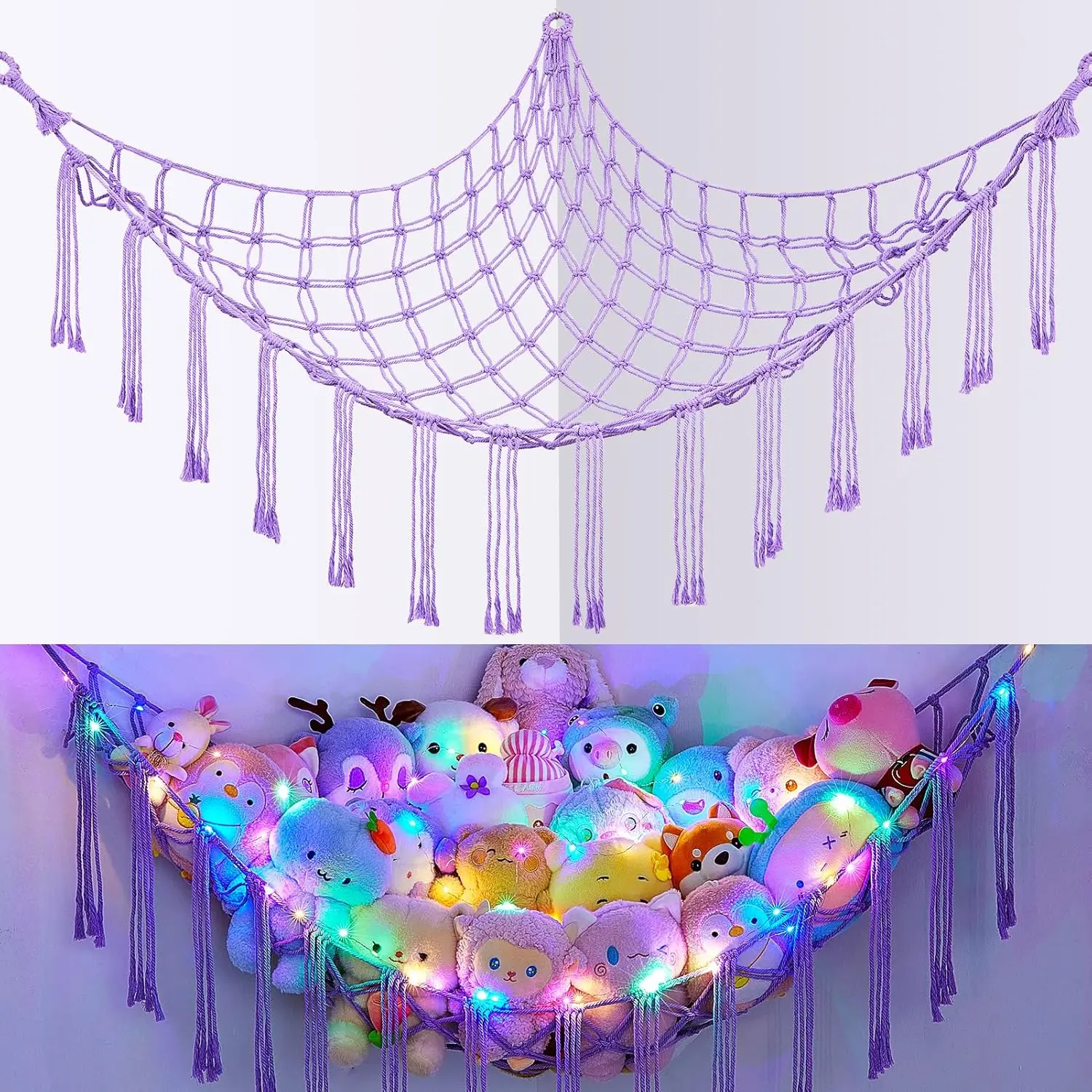 Purple LED Light Tassel Polyester Hand-Woven Net Hammock - Non-Toxic Plastic Storage Organization Solution, Toy Storage & Room Decor for Girls' Bedroom, Home Organizer Supply