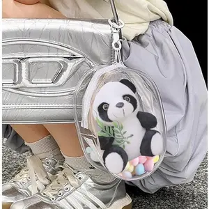 Transparent PVC Storage Bag with Soft Pompom Keychain and Pom Pom Decoration, Mini Doll Organizer for Easy Home Storage, Portable Accessory