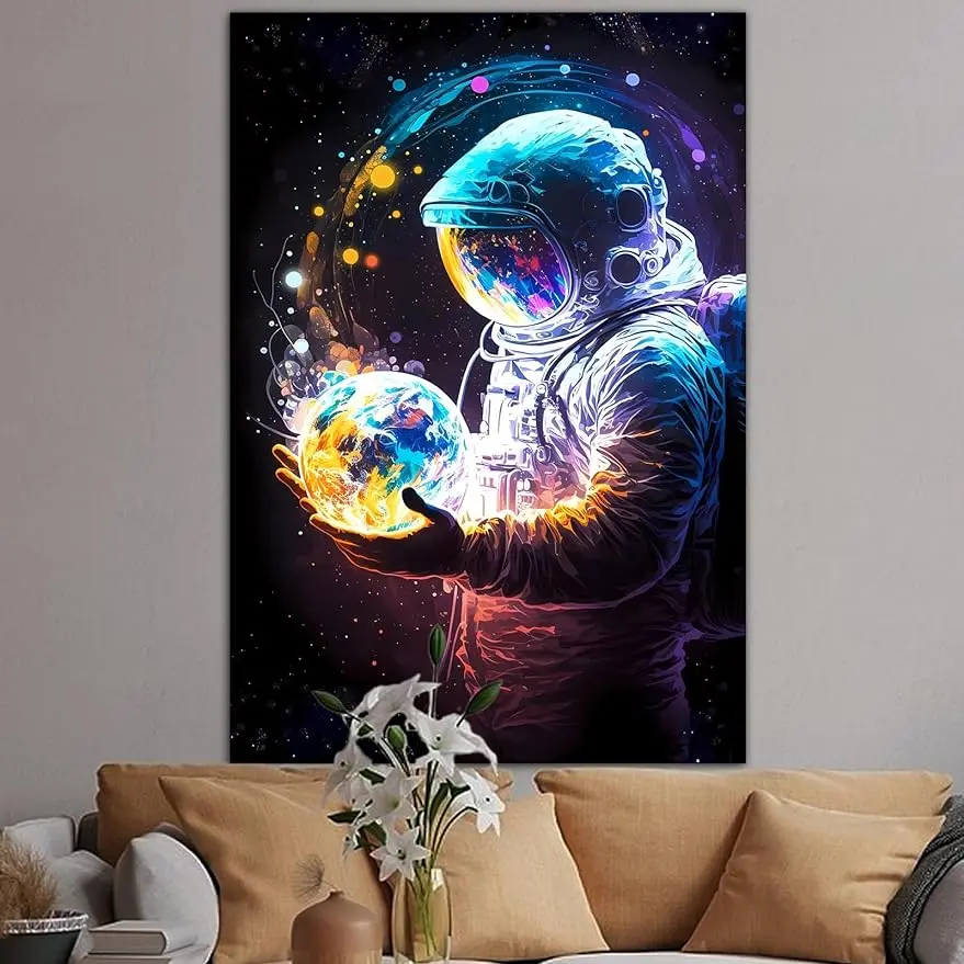 Cool Space Astronaut Polyester Tapestry with Hand Sewn Edges - 40x60 in Hangable Wall Decor, Colorful Planet Galaxy Vertical Home Supply for Men's Bedroom