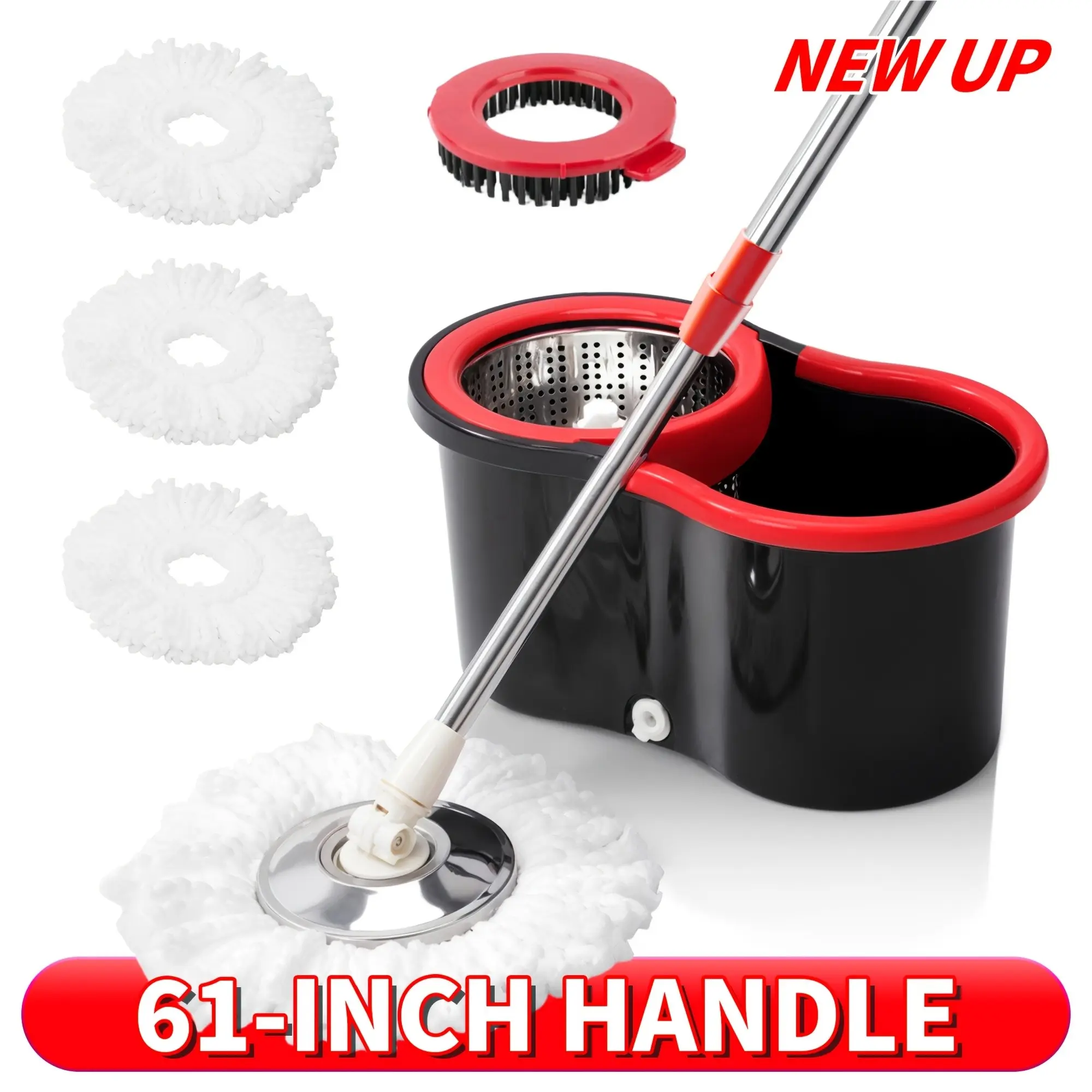 Spin Mop & Bucket Set with Wringer, Includes 360° Spin Mop Bucket System with 3 Microfiber Mop Replacement Heads and 61-inch Adjustable Stainless Steel Handle, Ideal for Bathroom Use, Cleans Floors Effectively, Home Cleaning