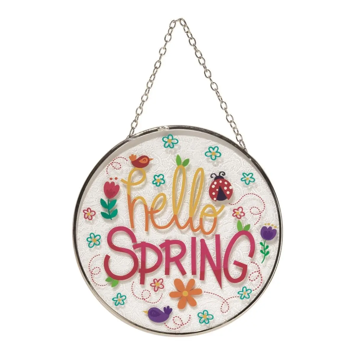 Dicksons SUNCG-6 6in Hangable Glass Suncatcher - Hello Spring Bird & Flower Design with Ladybug, Metal Frame, Floral Accents, Suction Cup for Window Sunshine Home Decor