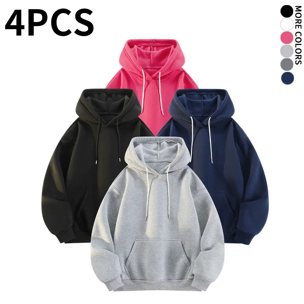 4 pcs classic basic hoodies in multiple colors—neutral tones and bright options; breathable, warm, loose pullover hoodies for all seasons; versatile tops that create a simple men’s outfit look.
