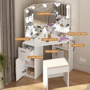Vanity Desk with Mirror and Lights, Corner Makeup Vanity Desk with 3-Panel Mirror, 12 Bulbs 3 Color Modes Dimmable, Power Outlet, 2 Drawers + Cabinet + Open Shelves, Stool, White