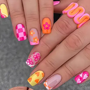 Short Square Colorful Summer Cute Flower Nail Stickers, Press On Nail, 24 Pcs Vintage Style Removable Fashion Nails, Easy Daily Party Vacation Holiday Wear, Vintage Appeal, Removable Design