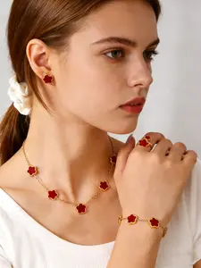 6 Pcs Classic Five Leaf Clover Trendy Jewelry Set for Women, Fashionable Jewelry Set, Necklace Bracelet Earrings Bangle Ring Collection