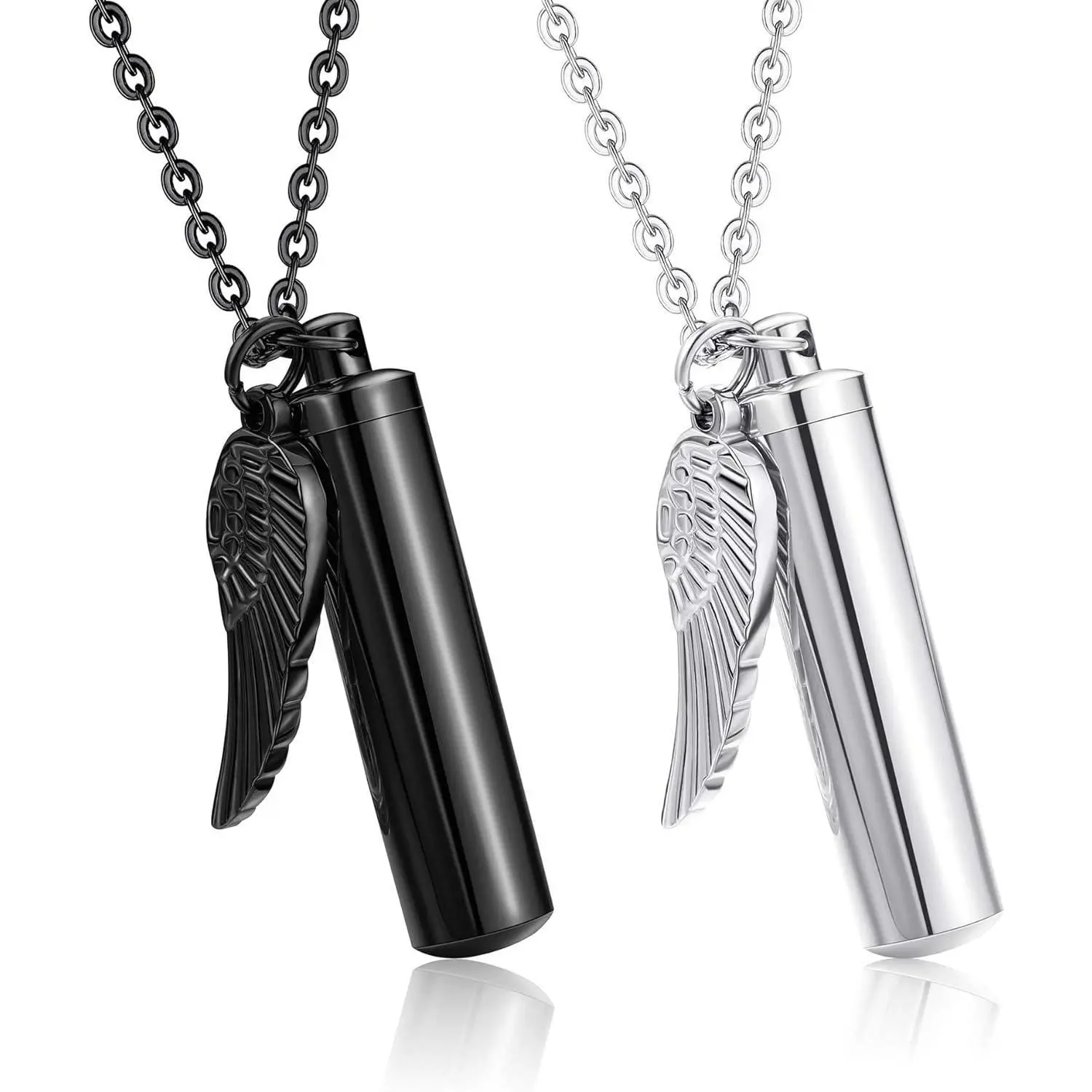 FLORIDECO 2Pcs Unisex Retro Stainless Steel Cremation Urn Necklaces, Memorial Keepsake Pendant with Angel Wings Charm, Adjustable Cylinder Ashes Holder for Daily Wear, Stainless Steel Necklaces,summerwins