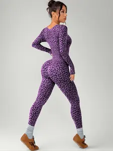 Spring Women's Sporty Jumpsuit, U Neck Leopard Knit Seamless Long Sleeve, Yoga Running Outdoor Fitness Casual Wear
