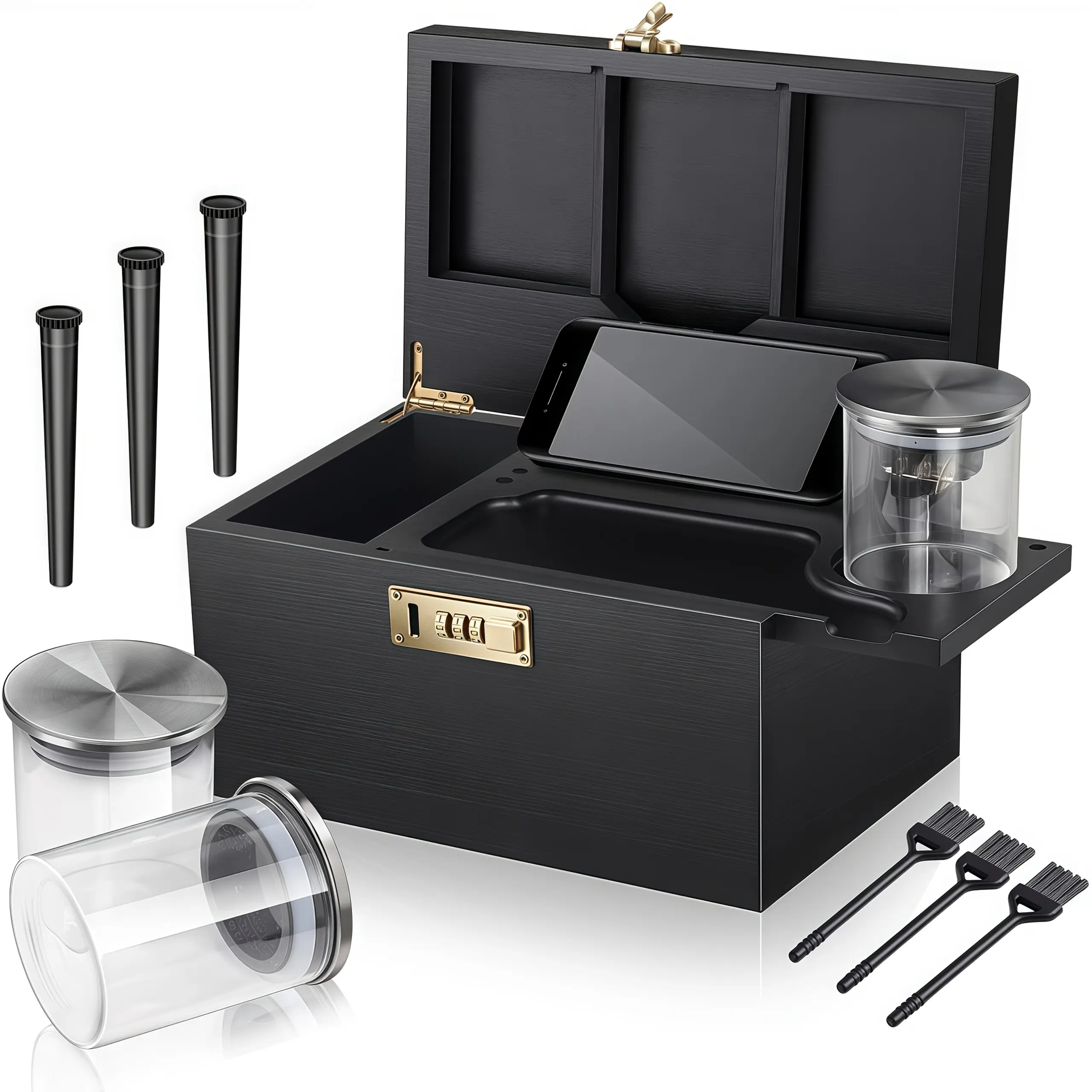 Large Bamboo Glass and Wood Storage Box Kit - Premium Smell-Proof with Combination Lock, Detachable Compartments, Sliding Tray, 3 Glass Jars, Brushes, Tubes - Home Organizer for Essentials, Elegant Gift Set, Glass And Wood Storage Boxes
