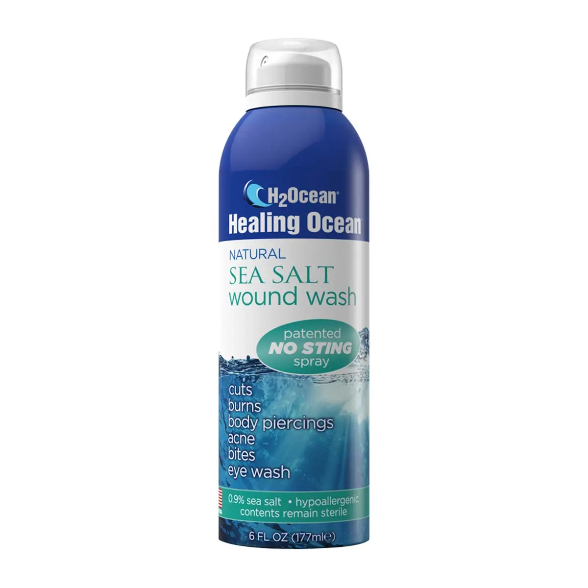 H2Ocean Healing Ocean Natural Sea Salt Wound Wash 6 fl oz Gentle Body Care Spray for Piercings, cuts, burns, bites