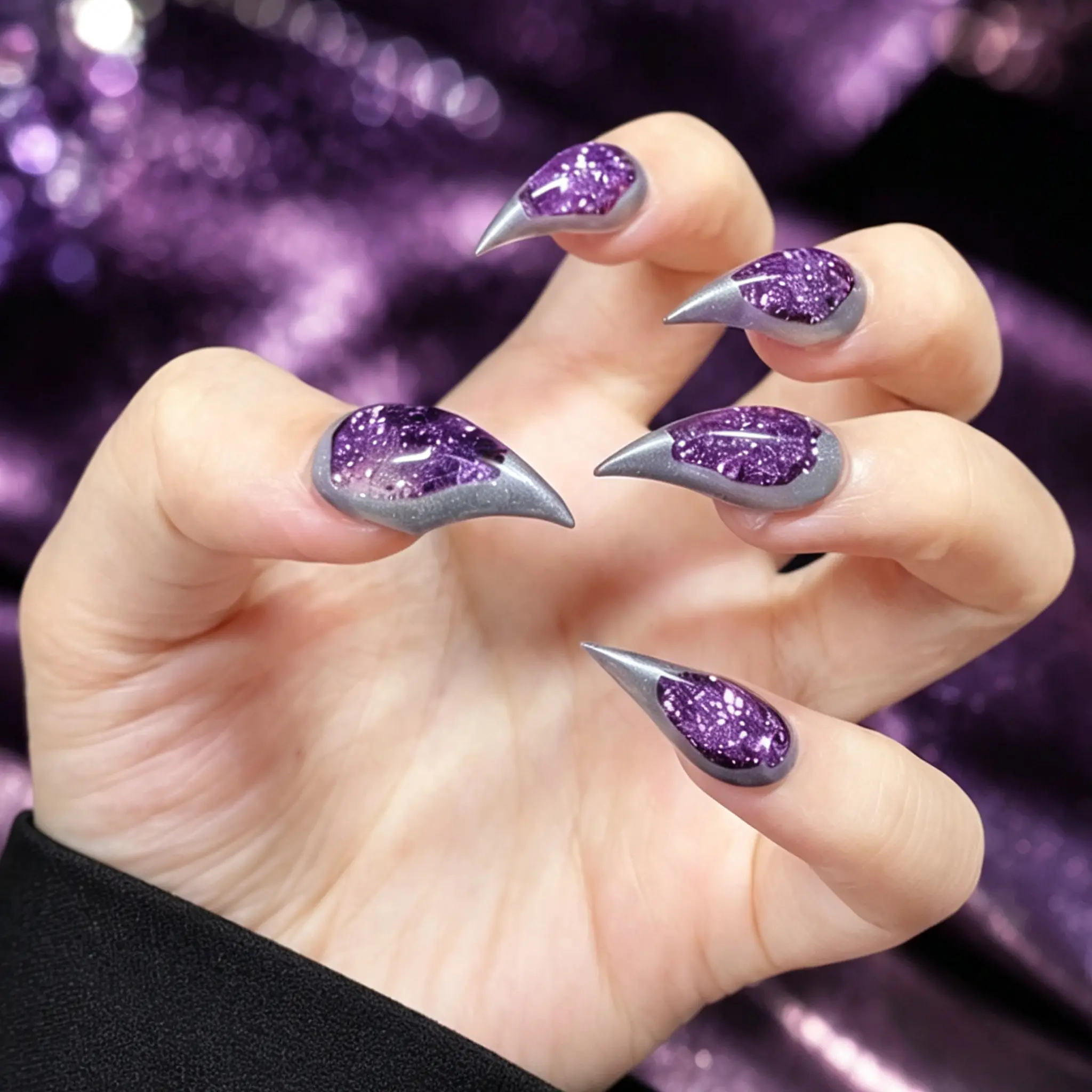 Purple Cat Claw Press On Nails, Handmade Short Stiletto Fake Nail Set, Glossy Reusable False Nails for Party Date Cafe Look