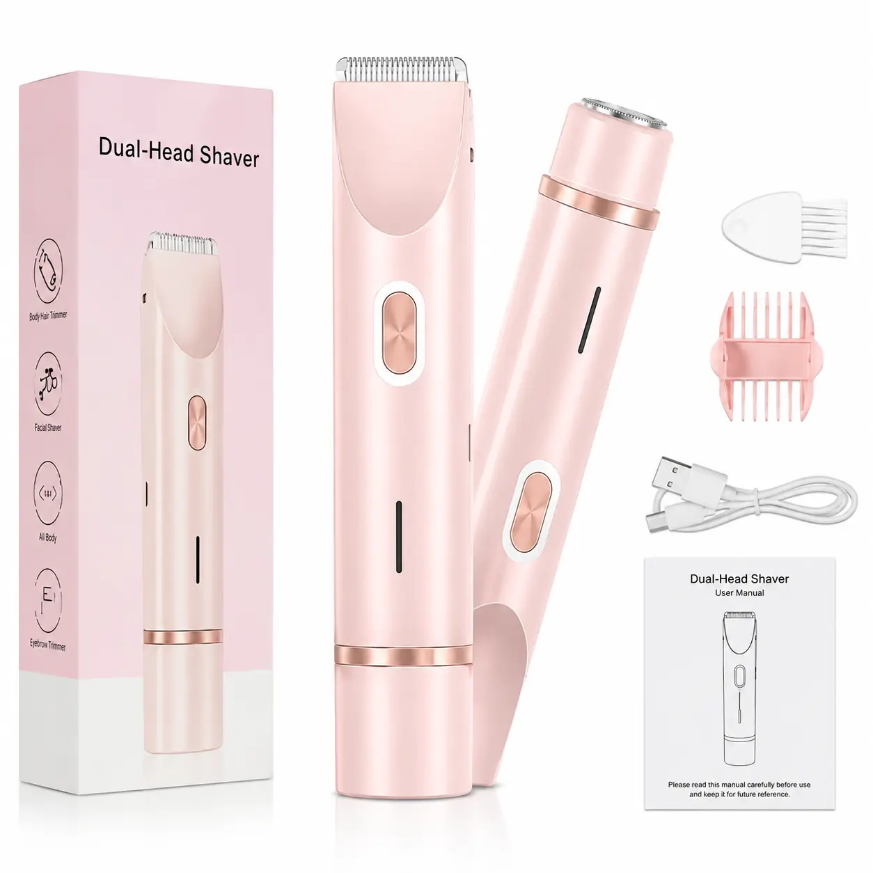 Electric Razor for Women, Rechargeable Body Shaver with T-Shaped Trimmer and Round Facial Head for Legs, Underarms, Bikini Area, Home and Daily Grooming
