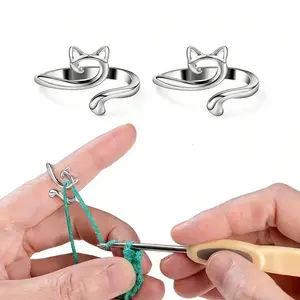 2 Count Crochet Ring for Finger Yarn Guide, Geometric Cat Crocheted Ring, Adjustable Crochet Tension Rings- Knitted Jewelry, Knitting Loop Crochet Ring with Box, Knitting Accessory Handmade , Ideal Handcraft Lovers, Women Mother Grandma