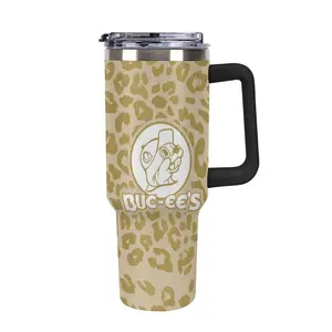 Buc-ee’s Leopard Print Insulated Tumbler with Handle and Straw Lid – 40oz Stainless Steel Travel Mug, Stylish Cheetah/Leopard Print Travel Cup