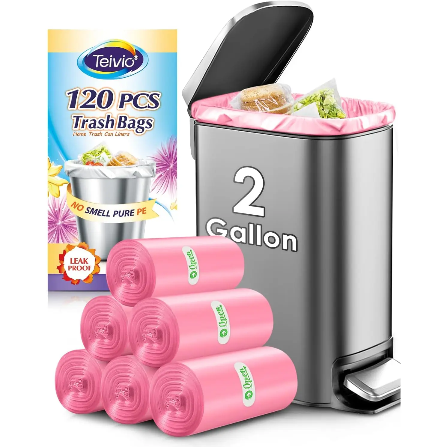 Teivio 2 Gallon 120 Counts Strong Trash Bags Garbage Bags, Bathroom Trash Can Bin Liners, Plastic Bags for home office kitchen, Pink