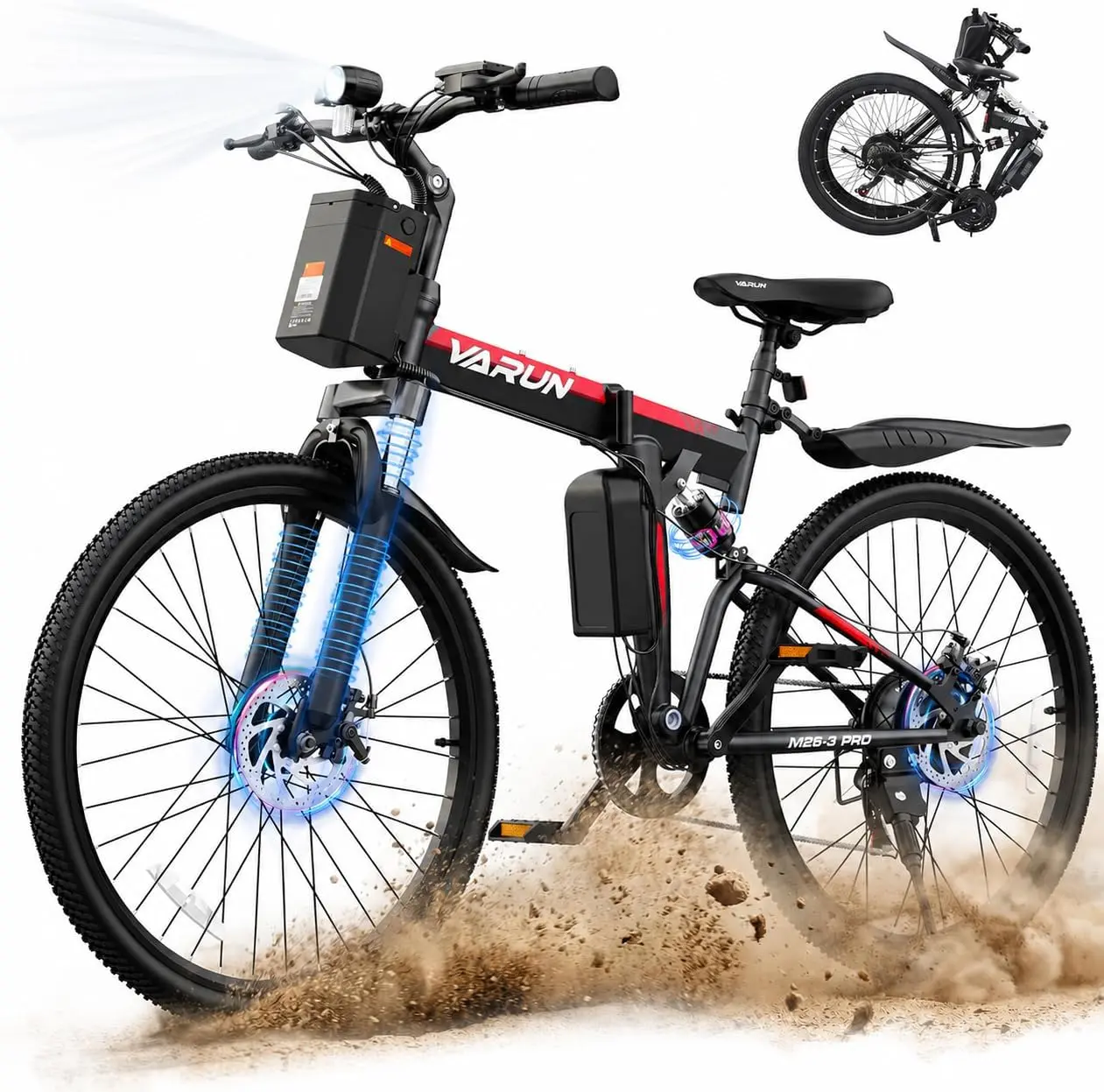 【VARUN】Off Road Ebike, 26-Inch Foldable All-Terrain Electric Bicycle with 750W Peak Power, 374.4Wh Front-Mounted High-Capacity Battery, 4-6H Fast Charging, 50-mi Range, 20 MPH Top Speed, 7-Speed Gears, 4 Riding Modes