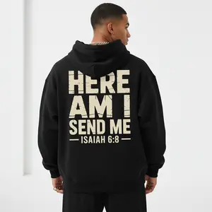 Men's Here Am I Send Me Isaiah 6:8 Graphic Hoodie - Cotton Blend Black Long Sleeve Pullover Regular Fit | Soft & Breathable Fabric, Durable Print, Everyday Comfort, Machine Washable, religious scripture design faith and mission