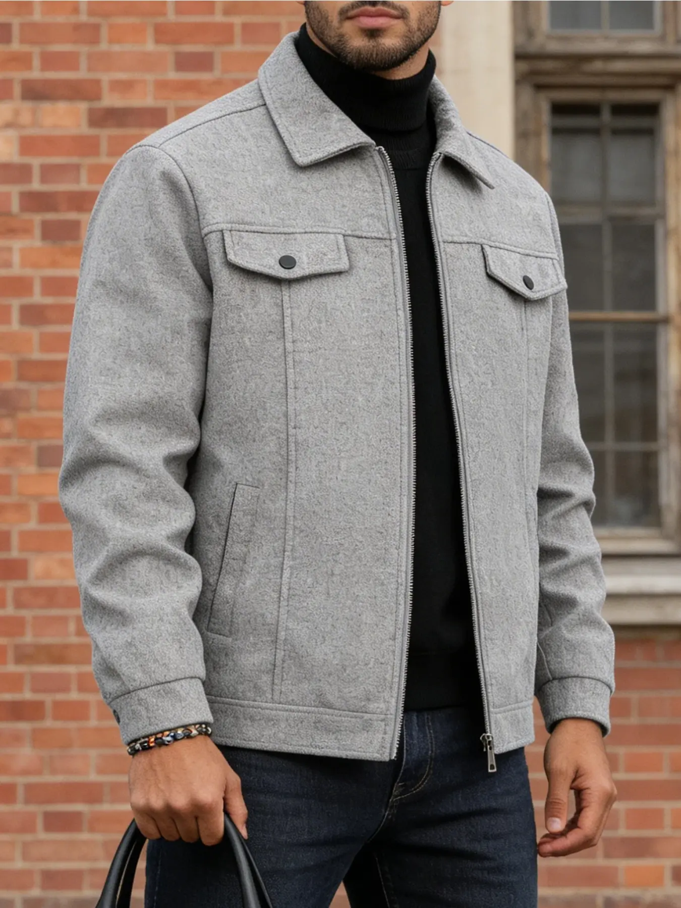 Men's Casual Workwear Jacket, Chest Pocket Design, Lapel Collar, Long Sleeve, Plain Business Style, Durable Wool Fabric, Spring Fall Winter