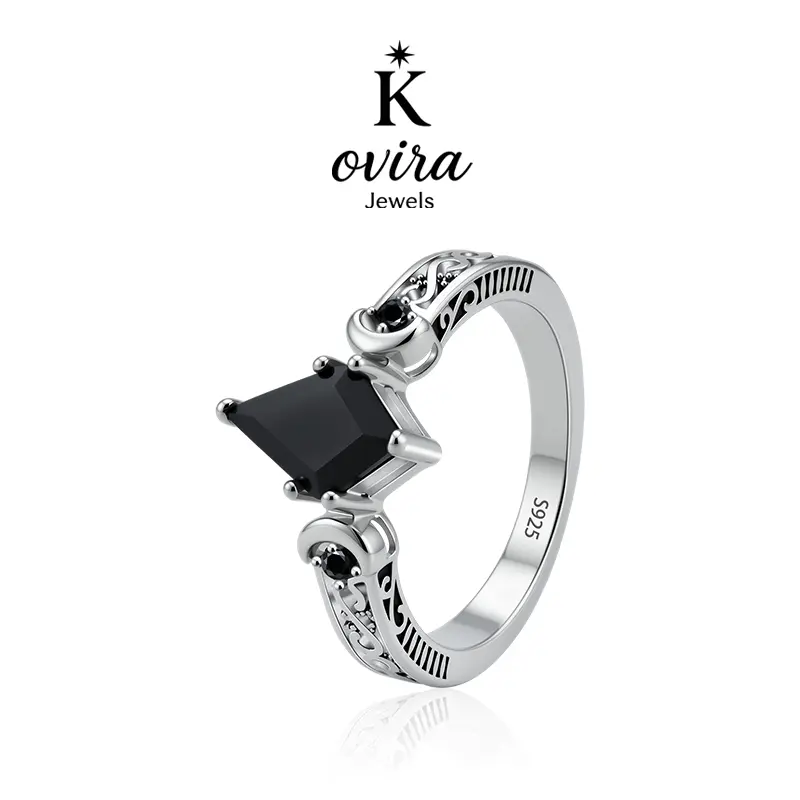 Kovira S925 Sterling Silver Princess Cut Black Obsidian Ring, Vintage Gothic Filigree Statement Jewelry, Birthday Anniversary Valentine’s Day Gift for Her