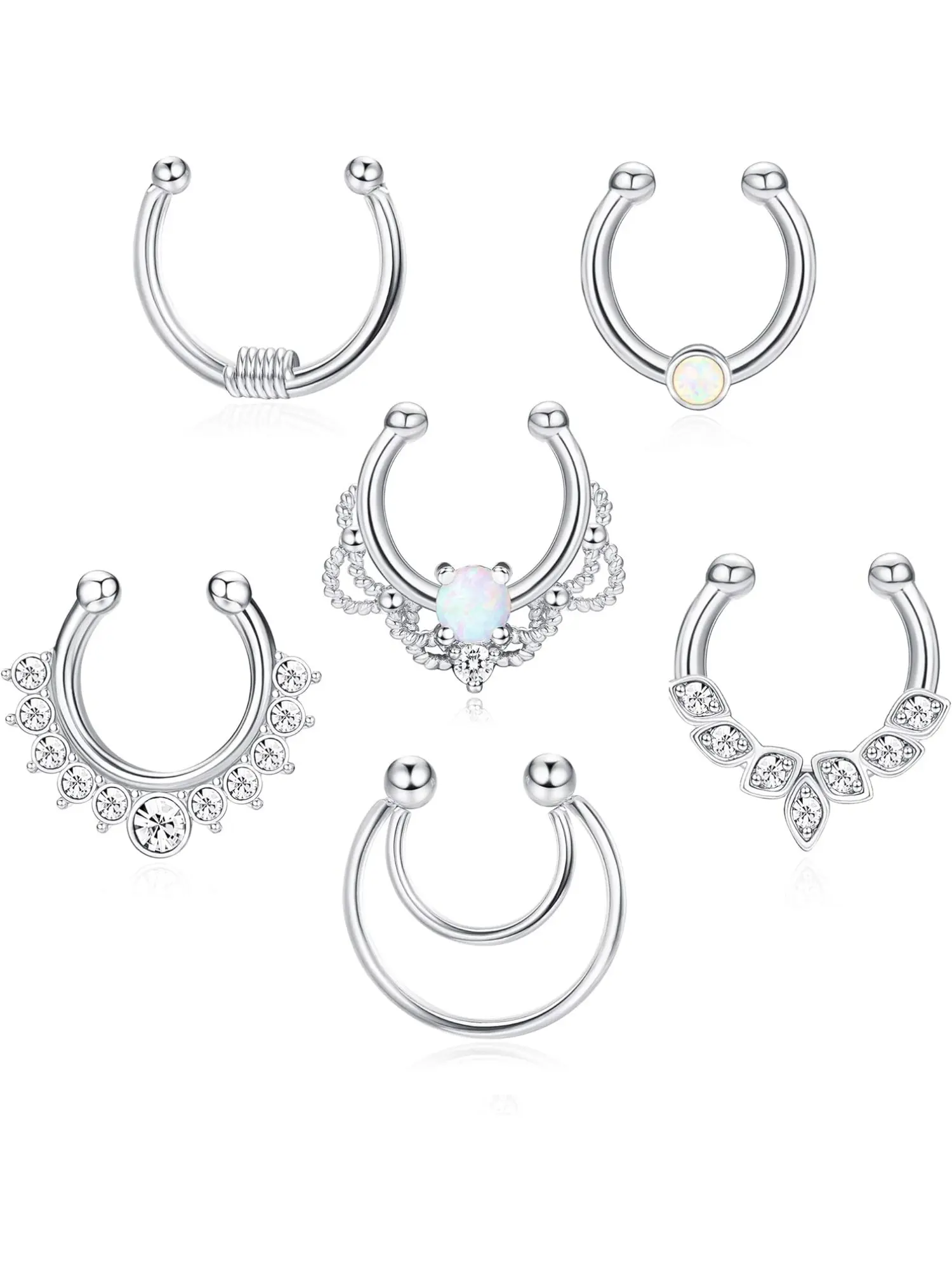 Delicate 6 Pcs Silvery Shining Opal Fake Septum Rings Faux Septum Piercings Copper Stainless Steel Piercing Jewelry Set for Women Men Sparkling CZ Gems Nose Ring Non-Pierced Clip on Nose Hoop Jewelry Septum Clicker Rhinestone Nose Ring Nose Rings Hoops