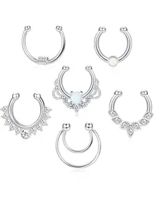 Delicate 6 Pcs Silvery Shining Opal Fake Septum Rings Copper Stainless Steel Piercing Jewelry Set for Women Men Sparkling CZ Nose Ring Non-Pierced Clip on Nose Hoop Jewelry Septum Clicker Rhinestone Nose Ring