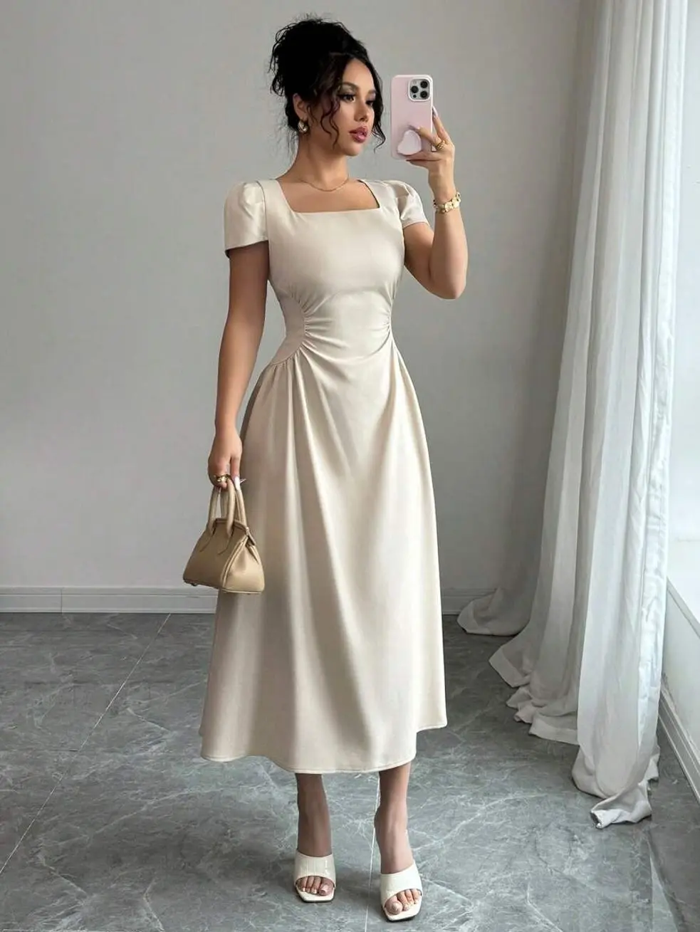💖 French Inspired Puff Sleeve Dress In Dusty Pink, Graceful Style For Weddings And Special Occasions.
