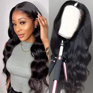 V Part Wig Human Hair Body Wave 180% Density Glueless Upgrade U Part Wig with Drawstring Natural Black No Leave Out No Sew In V Shape Clip In Half Wig for Women Beginner Friendly
