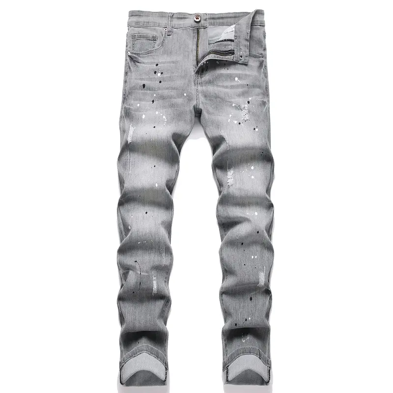 XIMXIMMTIAN Menswear Slim Fit Washed Cotton Denim Pants - Plain, Elastic Waist, Straight Tube, Stretchy, Comfortable, Zippered Pocket, Fade-Resistant, Casual Fashion Street Style Bottoms for Outdoor Use