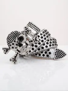 Punk Style Rhinestone Decor Skull Design PU Buckle Belt, Fashion Belt for Party, Daily Clothing Decor, Trendy All-match & Exquisite Belt for Birthday Gift, Rhinestone Buckles Belt
