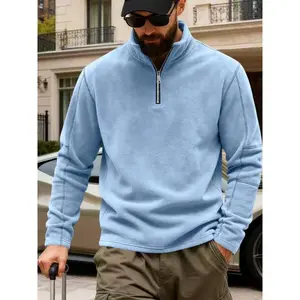 Men’s winter wool loose outdoor hooded sweatshirt with a stand-up collar and half-zip; comfortable and warm sportswear base layer.