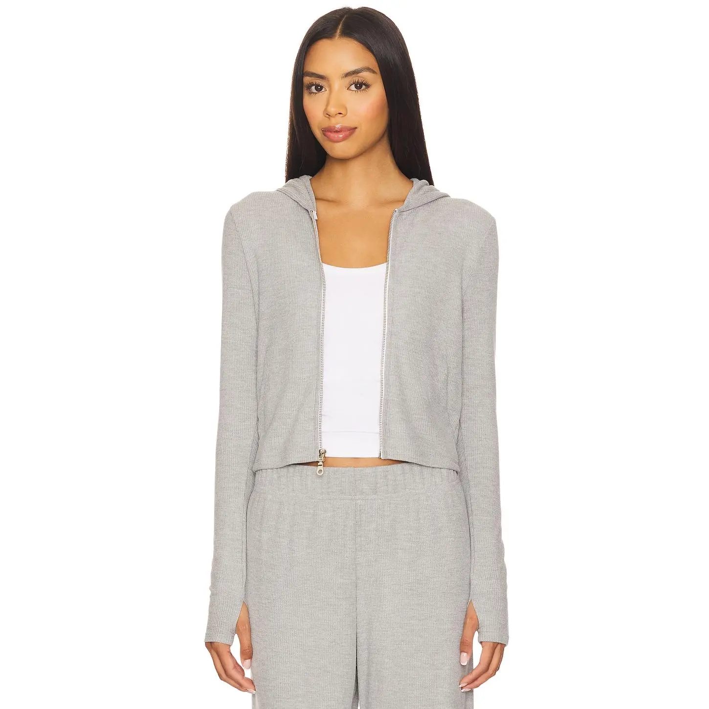 Michael Lauren Aris Fitted Crop Zip Up Hoodie in Heather Grey