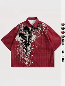 Y2K Angel checkered shirt, retro Gothic cross pattern, cropped short sleeved buttons, retro streetwear, casual summer top, avant-garde aesthetics for men and women, viral TikTok style!
