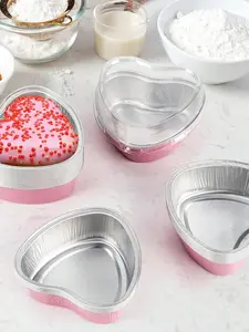 Disposable Leak-Proof Heart-Shaped Aluminum Foil Cupcake Liners with Lids - Bakeware Foil Bowls for Pudding, Shrimp Paste - Convenient Home, Party Disposable Tableware for Baking,summervibes