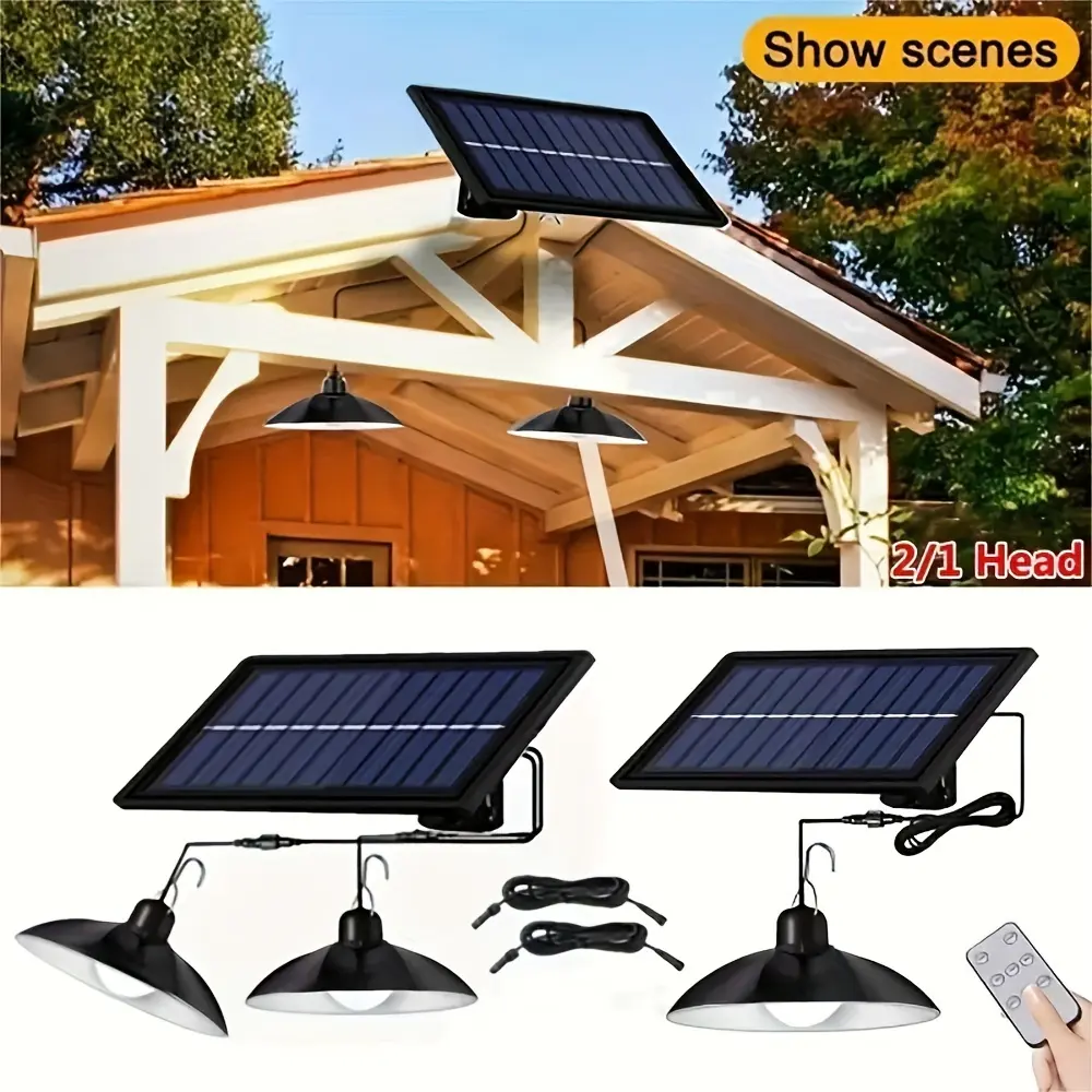Yoomue Solar Pendant Light, IPX4 Waterproof, Indoor Outdoor Rechargeable 2 Solar Powered LED Bulbs Shed Light Barn Lights with Remote Control Outdoor Solar Powered Security Flood Light for Wall Porch Shed Barn Garage Garden Patio