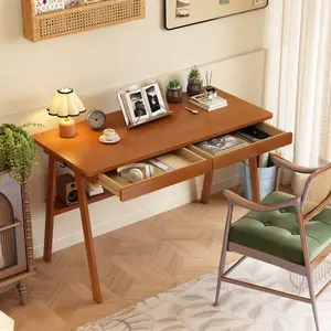 Solid Wood Desk with Drawers - Mid Century Modern Desks with Storage Shelf, Small Writing Desk for Small Spaces, Home Office Desks for Bedroom & Home, Walnut Color